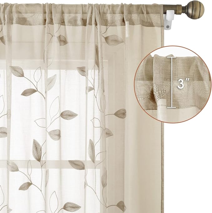 HOMEIDEAS Taupe Sheer Curtains 52 X 84 Inches Long 2 Panels Beige Embroidered - Image 5