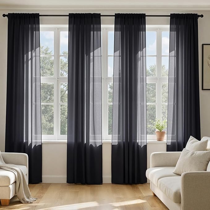 MIULEE Black Sheer Curtains 102 Inches Long 4 Panels Set, Light Filtering Rod by MIULEE