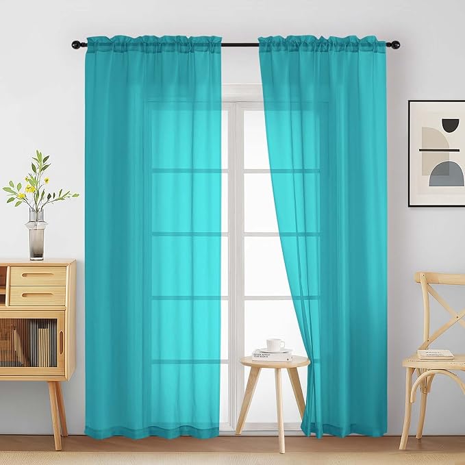 Turquoise Sheer Curtains 84 Inches Long 2 Panels, Elegant Airy Transparent by Home