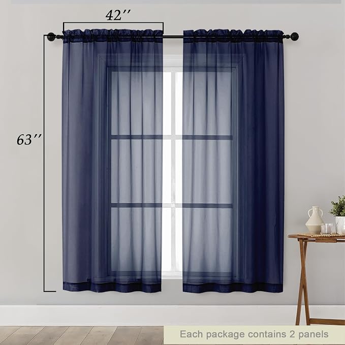 Sheer Navy Blue Curtains for Bedroom Living Room 63 Inch Length 2 Panels - Image 2