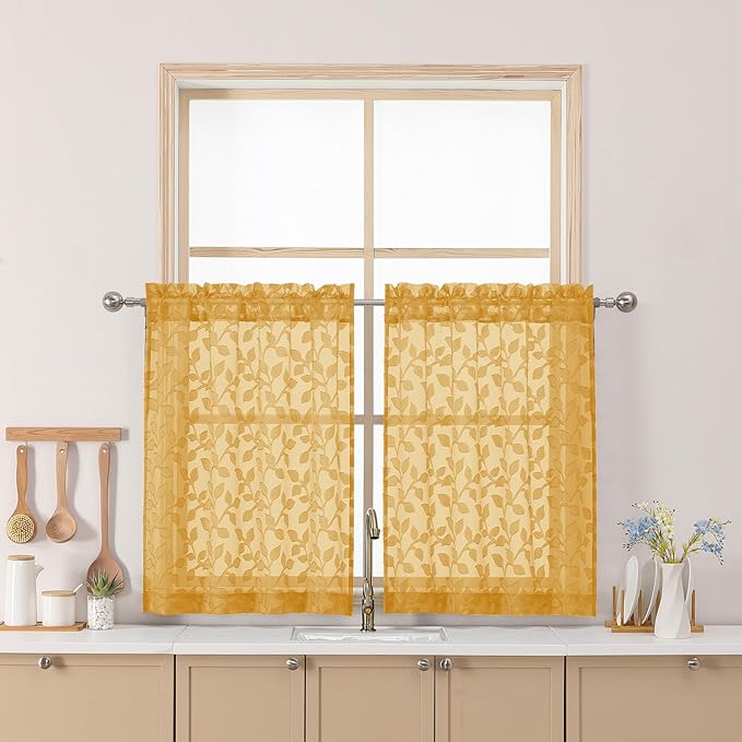 Chyhomenyc Gold Sheer Curtains 30 Inch Length, Light Filtering Leaf Tufted by Chyhomenyc