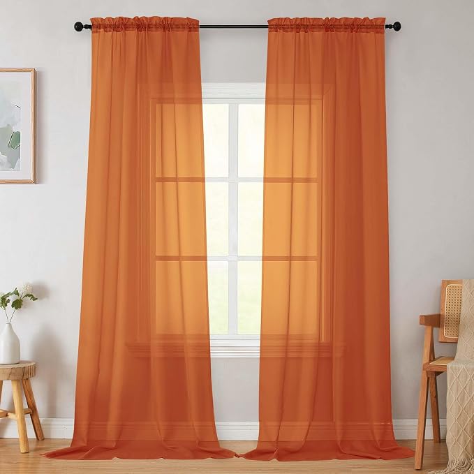 Orange Sheer Curtains for Bedroom Living Room 96 Inches Long 2 Panels, Modern by WelvetBLK