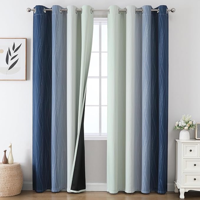 Estelar Textiler Sage Green and Navy Blue Gradient Blackout Curtains by ESTELARTEXTILER