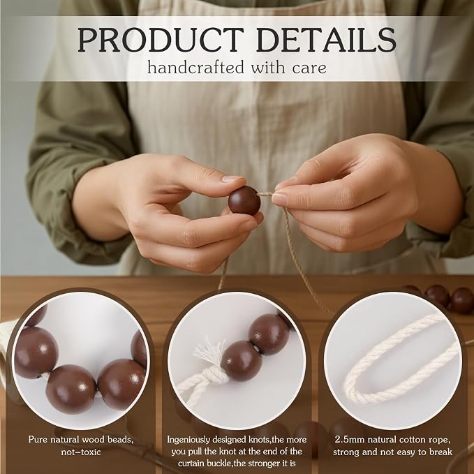 Hion 4 Pcs Boho Curtain Tiebacks, Wood Beads Curtain Holdbacks, Outdoor - Image 3
