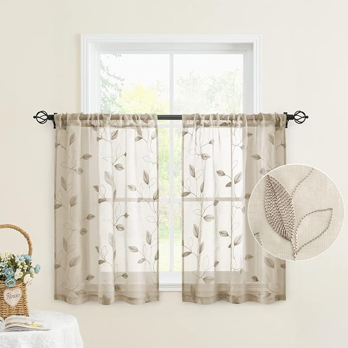 HOMEIDEAS Taupe Sheer Kitchen Curtains 30 X 24 Inch Length 2 Panels Beige by HOMEIDEAS