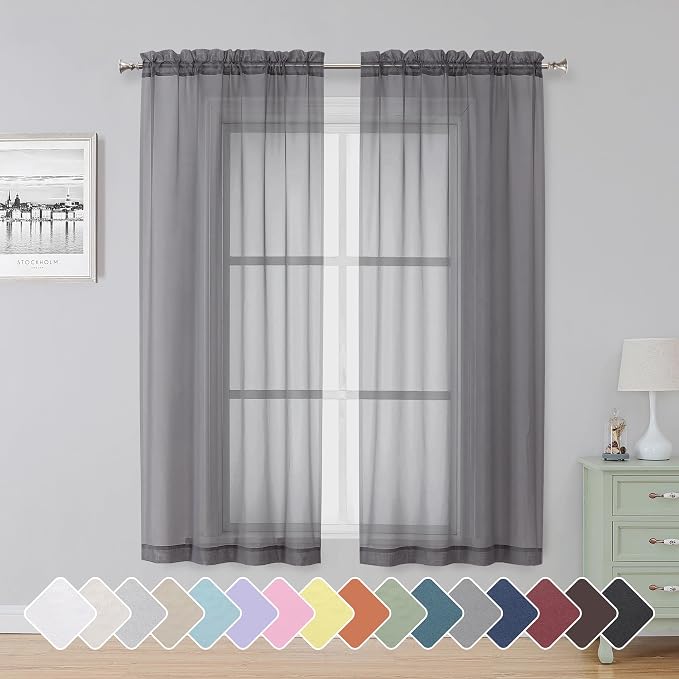 Simplebrand Grey Sheer Curtains 63 Inch Length 2 Panels, Rod Pocket Solid Color by Simplebrand