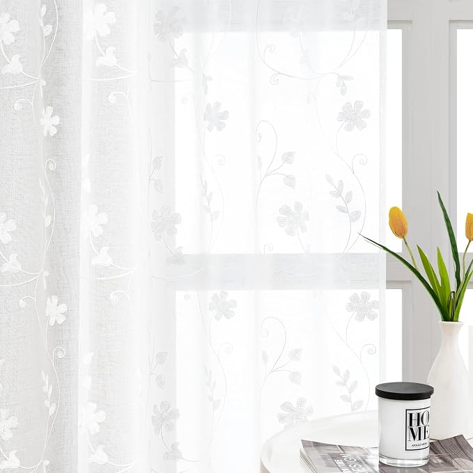 HOMEIDEAS White Sheer Curtains 96 Inches Long 2 Panels White Embroidered Floral by HOMEIDEAS