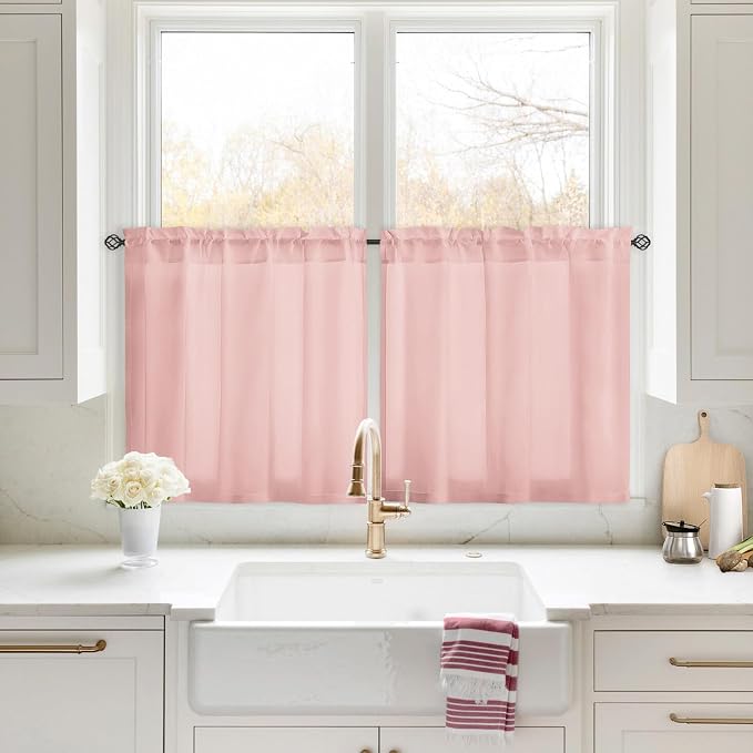 HOMEIDEAS Non-See-Through Blush Pink Privacy Sheer Kitchen Curtains, 30 X 24 by HOMEIDEAS