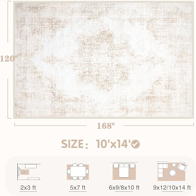 Area Rug 10x14 Vintage Rugs: Large Washable Living Room Rug Retro Medallion - Image 2