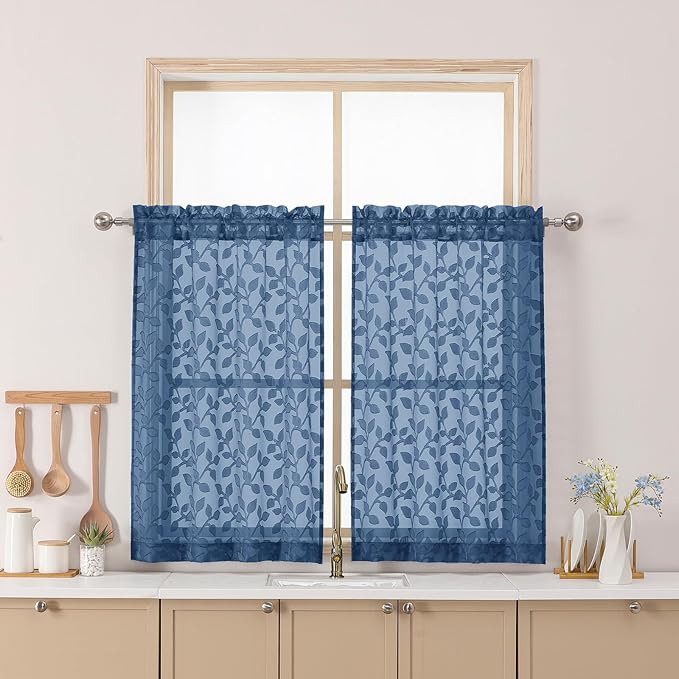 Chyhomenyc Dusty Blue Sheer Curtains 36 Inch Length, Light Filtering Leaf by Chyhomenyc