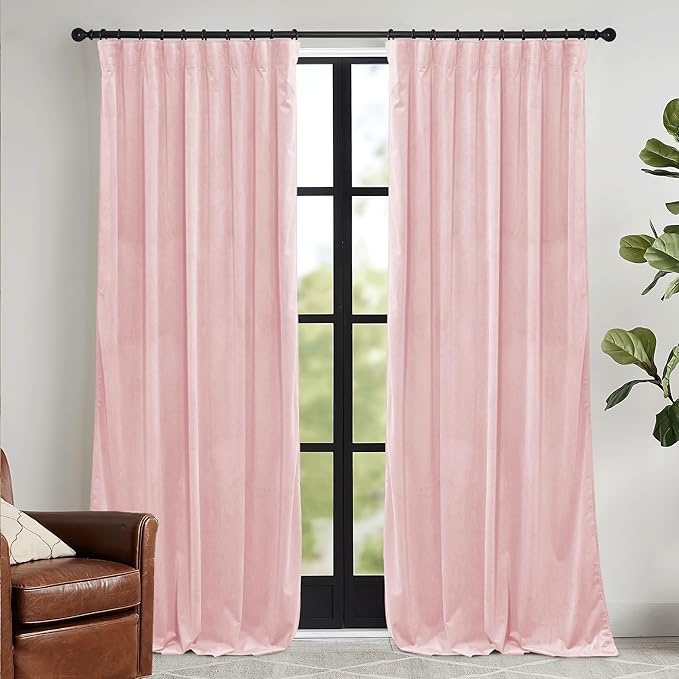 RYB HOME Pink Velvet Curtains 90 inches, Back Tab Soft Fabric Room Darkening by RYBHOME