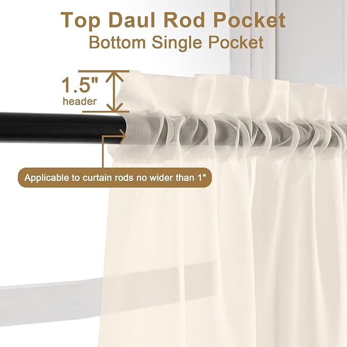 Chyhomenyc Cream Sheer Curtains 54 Inch Long 2 Panels, Short Voile Sheer Drapes - Image 3