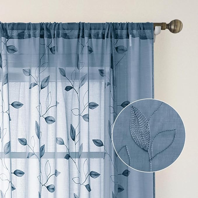 HOMEIDEAS Stone Blue Floral Sheer Curtains 96 Inches Long 2 Panels Embroidered - Image 5