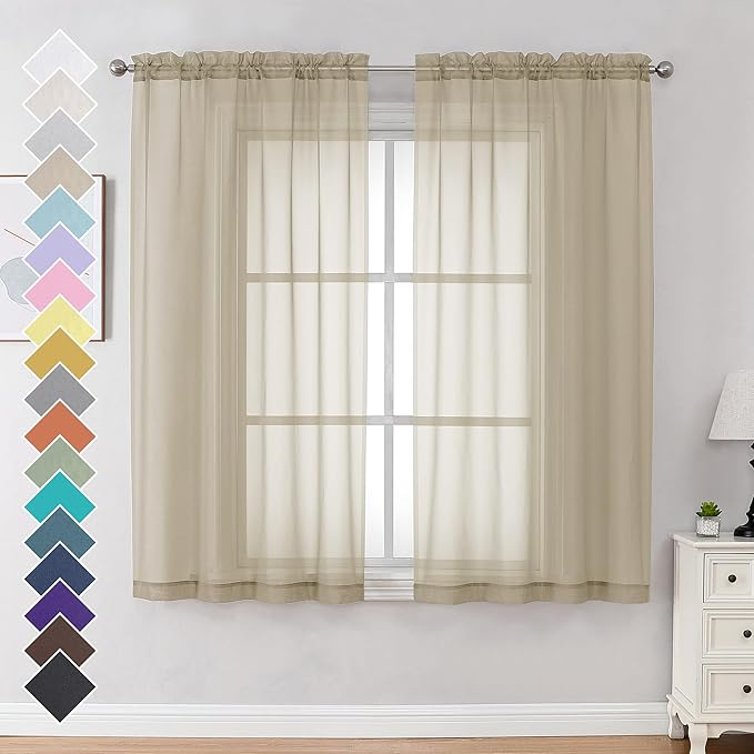 OVZME Taupe Sheer Curtains 63 Inches Long 2 Panels by OVZME