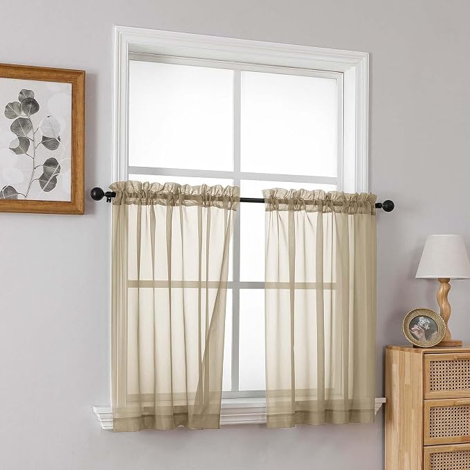 Taupe Small Sheer Curtains Tier 24 Inches Length 2 Pieces, Light Filtering Cafe - Image 8
