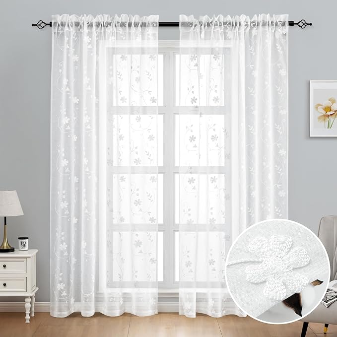 HOMEIDEAS White Sheer Curtains 96 Inches Long 2 Panels White Embroidered Floral - Image 2
