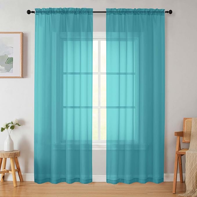 Turquoise Sheer Curtains 84 Inches Long 2 Panels, Soft Airy Light Filtering by WelvetBLK