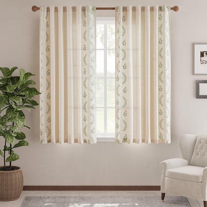 jinchan Belrose Linen Curtains for Bedroom Floral Curtains 72 Inch Length Linen - Image 2
