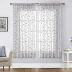 HOMEIDEAS Light Grey Sheer Curtains 52 X 63 Inches Length 2 Panels Embroidered by HOMEIDEAS