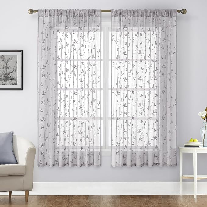 HOMEIDEAS Light Grey Sheer Curtains 52 X 63 Inches Length 2 Panels Embroidered by HOMEIDEAS
