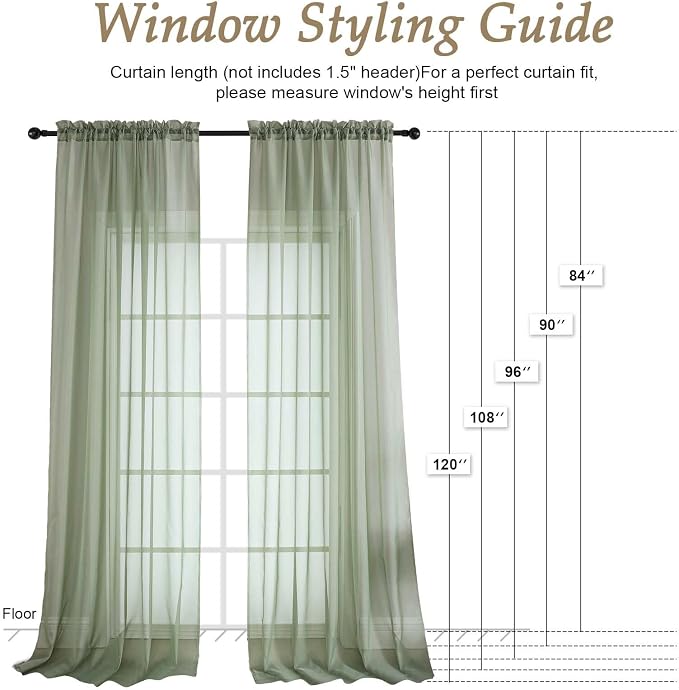 OVZME Sage Green Sheer Curtains 84 Inches Long 2 Panels Set, Light Filtering - Image 2