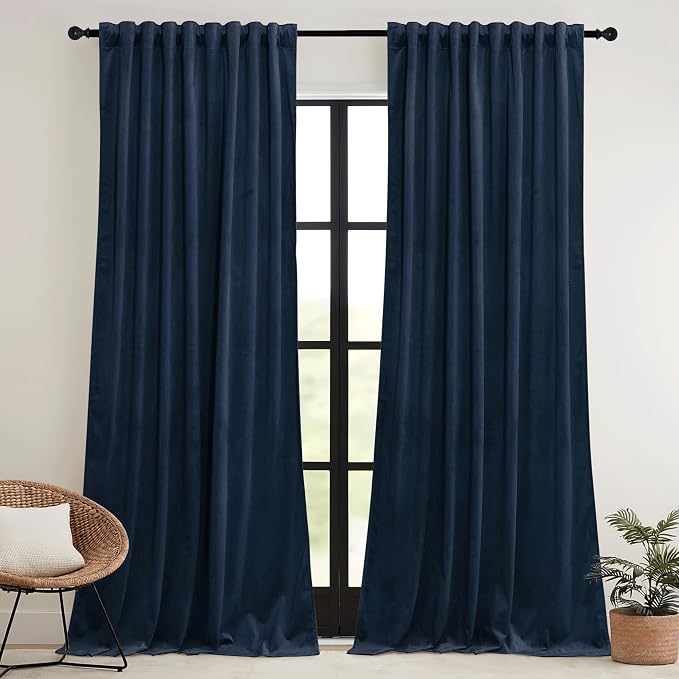 RYB HOME Navy Velvet Curtains 96 inches- Velevt Blackout Curtains - Image 2