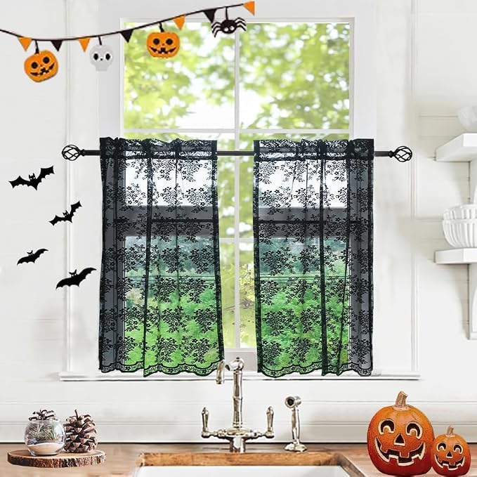 YJ YANJUN Vintage Lace Curtains 30 Inch Length 2 Panels Floral Halloween Goth by YJYANJUN
