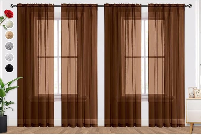 SpaceDresser Brown Sheer Curtains 4 Panels Rod Pocket Semi-Sheer Curtain 108 by SpaceDresser