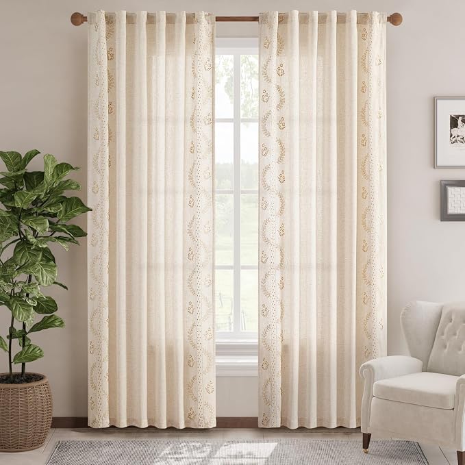 jinchan Belrose Linen Curtains for Bedroom Floral Curtains 90 Inch Length Linen - Image 2