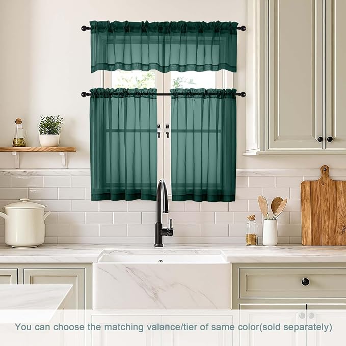 Green Small Sheer Curtains Tier 24 Inches Length 2 Pieces, Light Filtering Cafe - Image 2