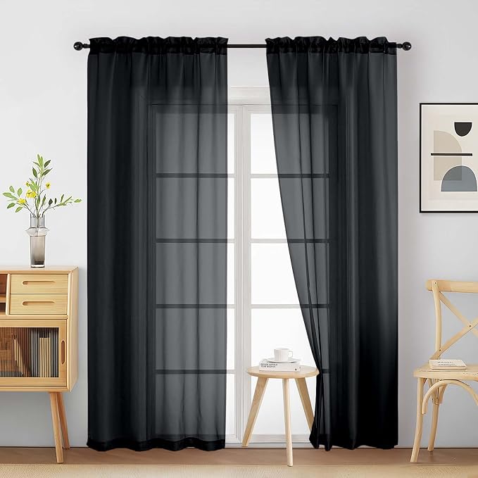 Halloween Black Sheer Curtains 84 Inches Long 2 Panels, Elegant Airy by Home