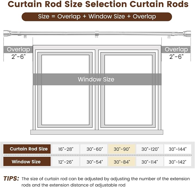1” Diameter Silver Curtain Rods Itself is 30 to 90 inch, 1 Pack Fit 30-84 inch - Image 3