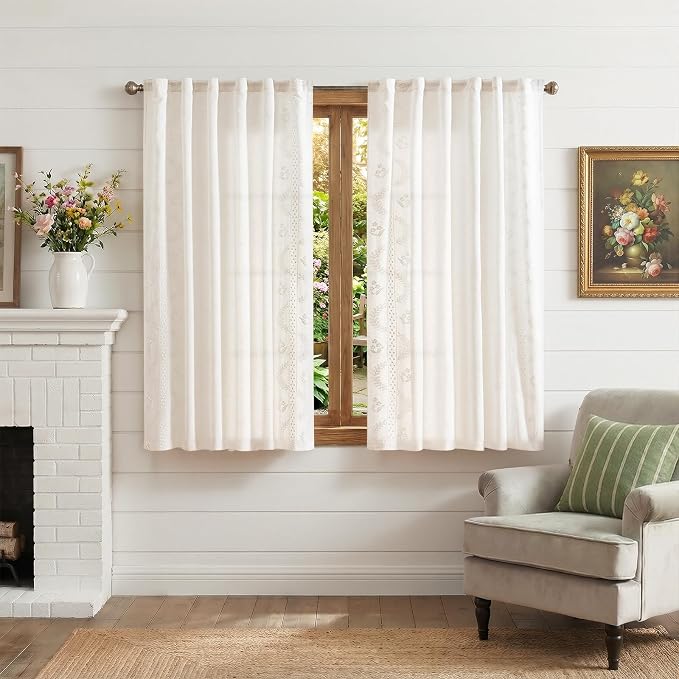 jinchan Belrose Linen Floral Cafe Curtains 45 Inch Length Embroidered Farmhouse - Image 2