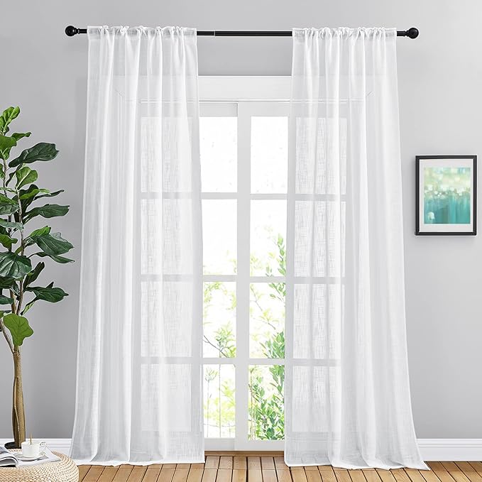 NICETOWN White Linen Sheer Bedroom Curtains 90 inches Long, Rod Pocket & Back - Image 2