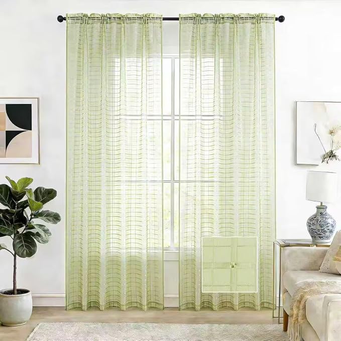 SpaceDresser Check Sheer Curtains 84 Inches 2 Panels Set, Rod Pocket Plaid by SpaceDresser