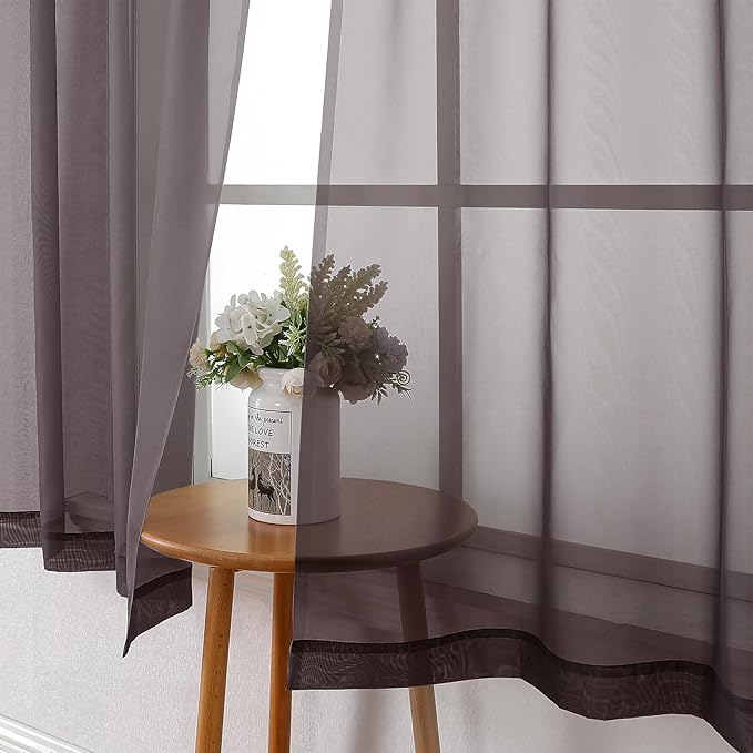 Lecloud Sheer Curtains 45 Inch Length 2 Panels Set, Chocolate Solid Voile Rod - Image 7
