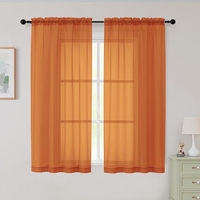 Sheer Orange Curtains for Bedroom Living Room 54 Inch Length 2 Panels Set by WelvetBLK