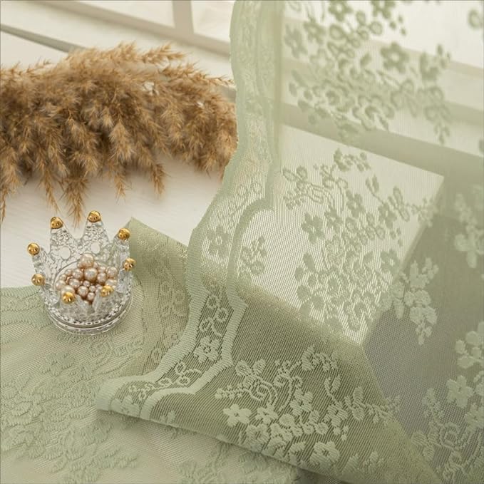 YJ YANJUN Vintage Lace Curtains -Victorian Floral Sage Green 102 inches Curtains - Image 6