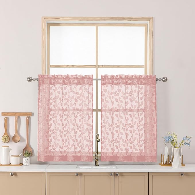 Chyhomenyc Blush Pink Sheer Curtains 30 Inch Length, Light Filtering Leaf by Chyhomenyc