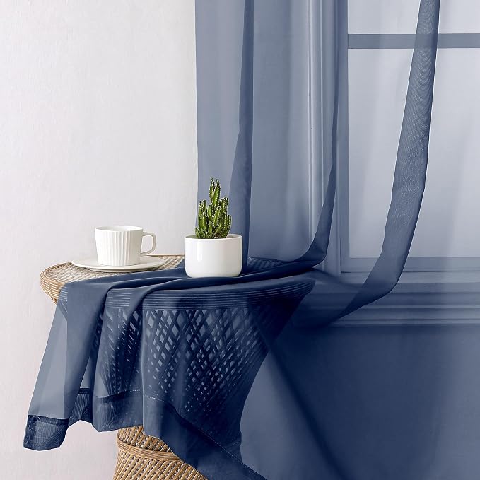 Lecloud Navy Blue Sheer Curtains 90 Inches Long 2 Panels, Light Filtering Voile - Image 4