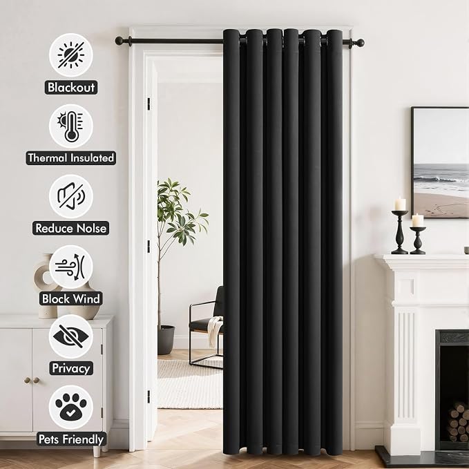 MIULEE Blackout Door Curtain Set of 2, 34 x 80 Inch Black Thermal Insulated - Image 2