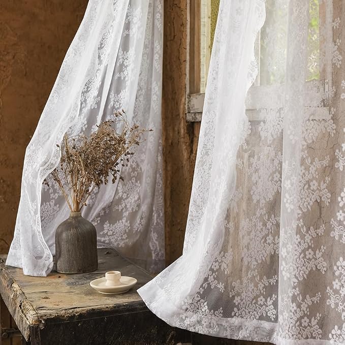 YJ YANJUN Vintage Lace Curtains 120 Inches Long-Victorian Floral Pattern White - Image 3