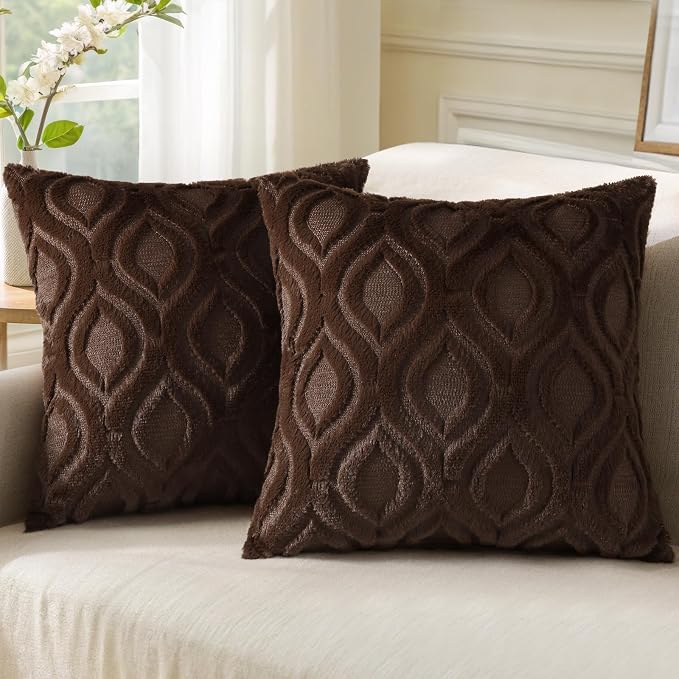 decorUhome Throw Pillow Covers 24x24 Inch Set of 2, Soft Plush Faux Wool Dark by decorUhome