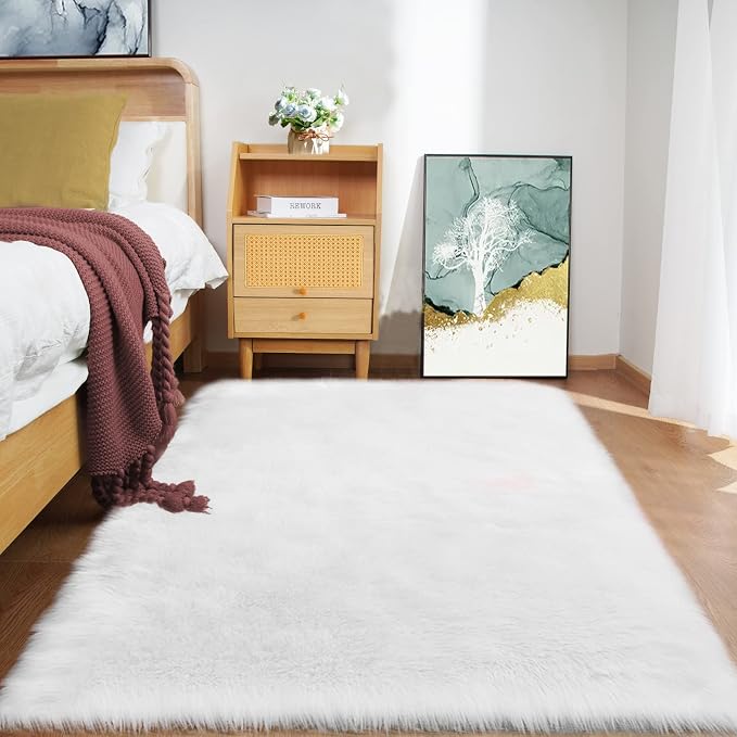 Goolela White Fluffy Fur Rug 4x6 Faux Sheepskin Fuzzy Shag White Rug - Image 2