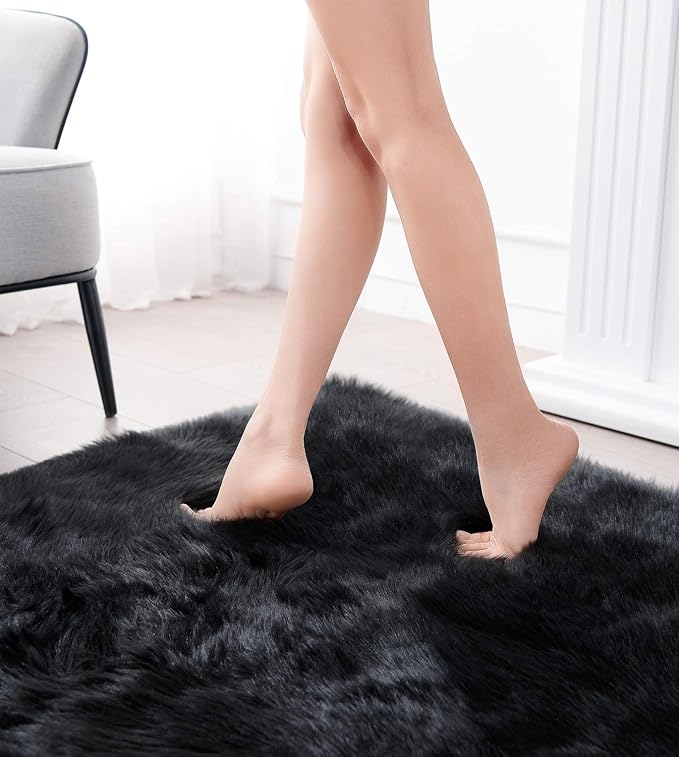 Ciicool Faux Sheepskin Rugs Soft Faux Fur Rugs Black Fluffy Chair Couch Cover - Image 7