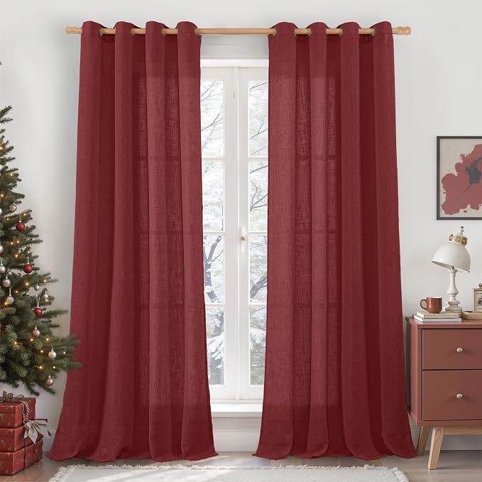 LAMIT 95 inch Linen Curtains for Living Room, Burgundy Red Bronze Grommet by LAMIT