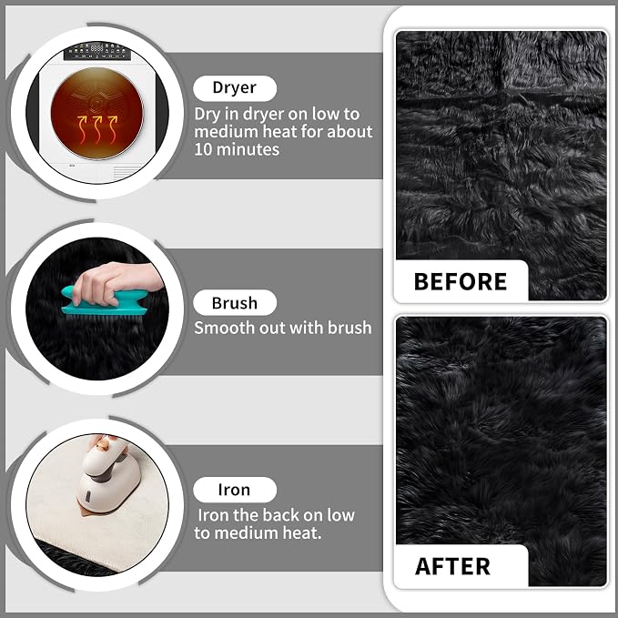 Ciicool Faux Sheepskin Rugs Soft Faux Fur Rugs Black Fluffy Chair Couch Cover - Image 5