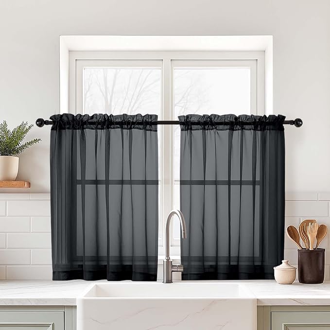 Black Small Sheer Curtains Tier 24 Inches Length 2 Pieces, Light Filtering Cafe by Home