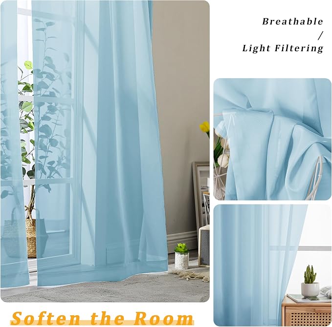 Gwine Sky Blue Sheer Curtains 72 Inches Long 2 Panels Set - Image 3