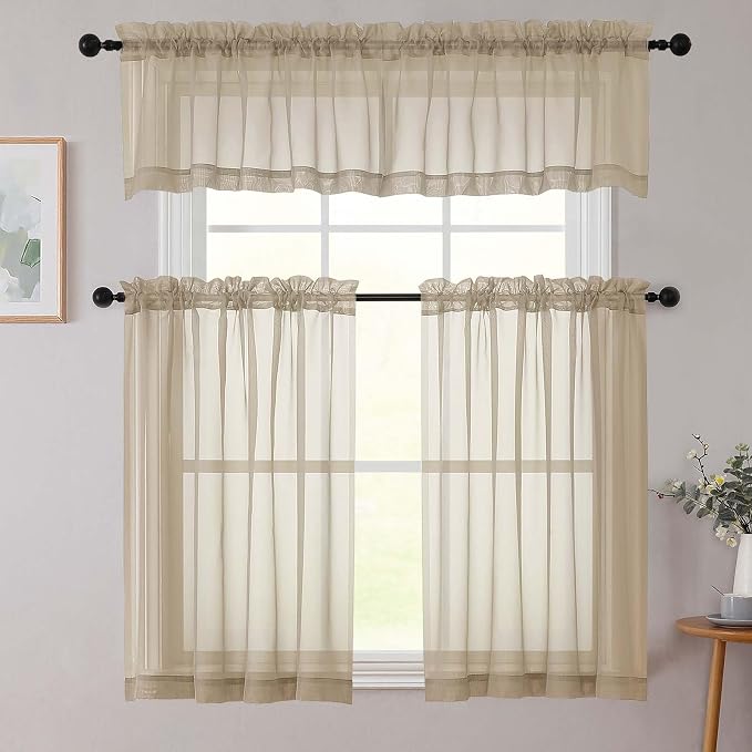 Taupe Valances for Windows, Taupe Sheer Curtains 14 Inch Length 2 Pack Kitchen - Image 8